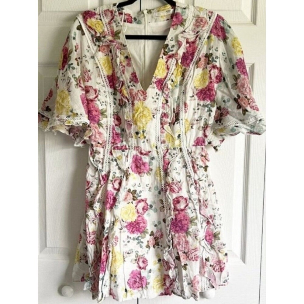 La Maison Talulah Tea Time Mini Dress Floral Linen Tiered Dainty Cottagecore M - Picture 13 of 16